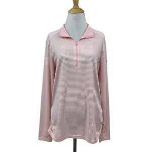 Straight Down Troon North Polo Shirt Womens XL Pink White 1/4 Zip Striped *READ
